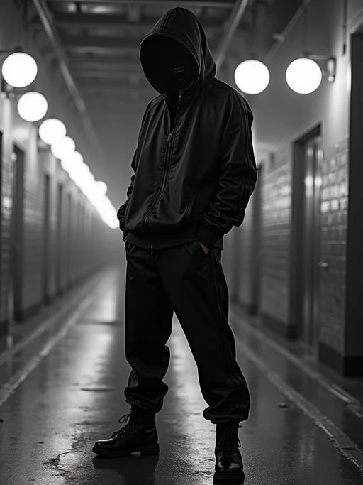 black and white album cover, full body photo of Neon-lit 1990s rap album aesthetic, cyberpunk background. if(gender=f){Wearing a futuristic tracksuit, striking rap pose} if(gender=m){Glowing city lights, rap performance stance}. Sci-fi hip-hop crossover.