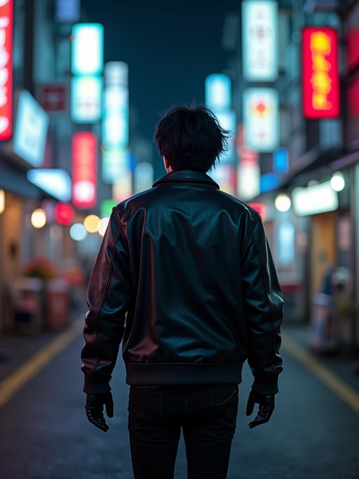 Walking through the streets of Tokyo at night. if(gender=f){Holographic jacket, neon eyeliner, futuristic style} if(gender=m){Leather jacket, cyberpunk techwear, glowing background}. AI cinematic photography.