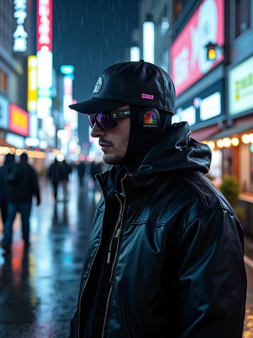 Rainy night in Shibuya, reflections of neon lights on the wet streets. if(gender=f){High-tech streetwear, futuristic accessories} if(gender=m){Dark neon-lit outfit, glowing cyberpunk glasses}. Cyberpunk realism.