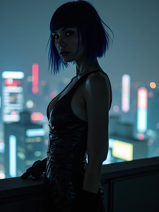 Tokyo rooftop photoshoot at night. if(gender=f){Sleek cyberpunk dress, dramatic lighting} if(gender=m){Dark futuristic fashion, standing against neon skyline}. Breathtaking cityscape photography.