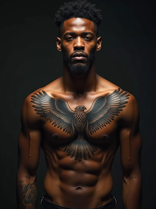 Model with a chest tattoo showcase. if(gender=f){Mandala-style chest tattoo, elegant symmetry} if(gender=m){Large eagle chest tattoo, bold tribal ink}. Deep shadows, powerful look.
