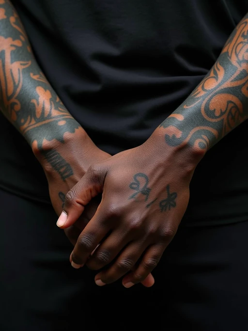 Model with tattooed hands, detailed close-up. if(gender=f){Delicate finger tattoos, jewelry accents} if(gender=m){Masculine hand tattoos, sharp detailing}. High-quality tattoo reference.