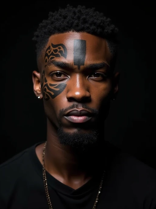 Model with a face tattoo portrait. if(gender=f){Subtle design under the eye, gothic aesthetic} if(gender=m){Bold tribal-inspired face tattoo}. Dark moody lighting.