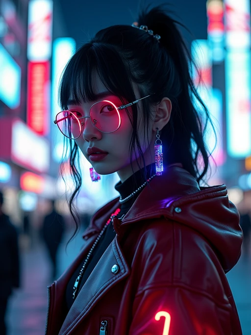 Model standing in neon-lit Tokyo at night, cyberpunk cityscape in the background. if(gender=f){Wearing a futuristic jacket, glowing neon accessories} if(gender=m){Wearing cyberpunk sunglasses, dark streetwear}. Dramatic lighting, moody reflections.