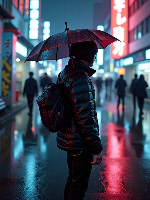 Rainy night in Shibuya, reflections of neon lights on the wet streets. if(gender=f){High-tech streetwear, futuristic accessories} if(gender=m){Dark neon-lit outfit, glowing cyberpunk glasses}. Cyberpunk realism.