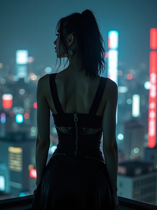Tokyo rooftop photoshoot at night. if(gender=f){Sleek cyberpunk dress, dramatic lighting} if(gender=m){Dark futuristic fashion, standing against neon skyline}. Breathtaking cityscape photography.