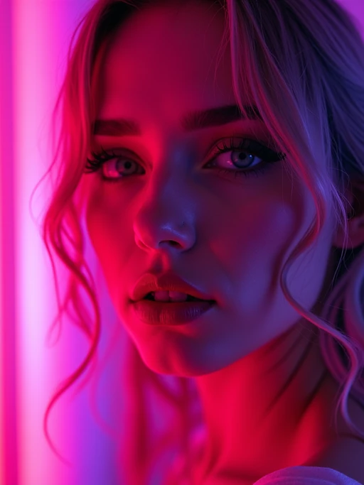 Close-up portrait under glowing neon signs. if(gender=f){Pink and purple lighting, high-contrast makeup} if(gender=m){Shadows and glowing reflections, cool futuristic aesthetic}. Sci-fi inspired photography.