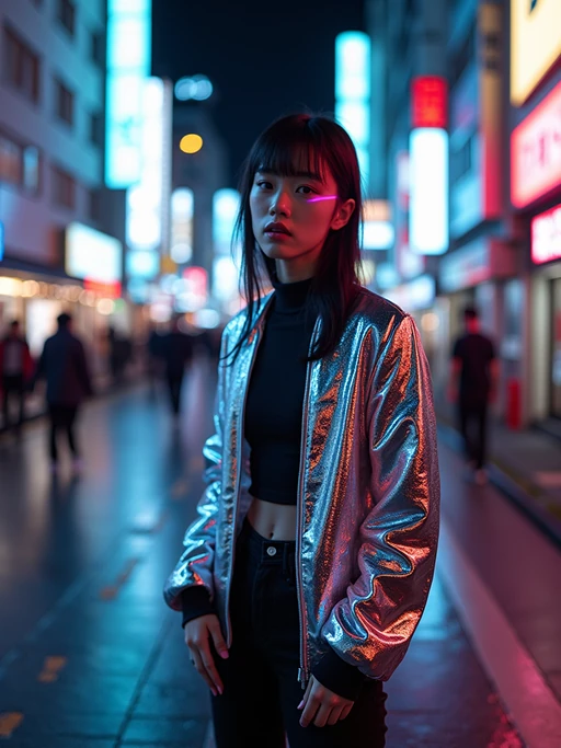 Walking through the streets of Tokyo at night. if(gender=f){Holographic jacket, neon eyeliner, futuristic style} if(gender=m){Leather jacket, cyberpunk techwear, glowing background}. AI cinematic photography.