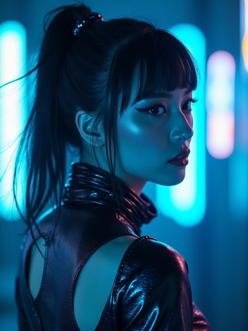 Cyberpunk Tokyo portrait. if(gender=f){Blue neon lights reflecting off metallic dress, futuristic makeup} if(gender=m){Dark hoodie, neon streaks in hair, futuristic techwear}. Blade Runner aesthetic.