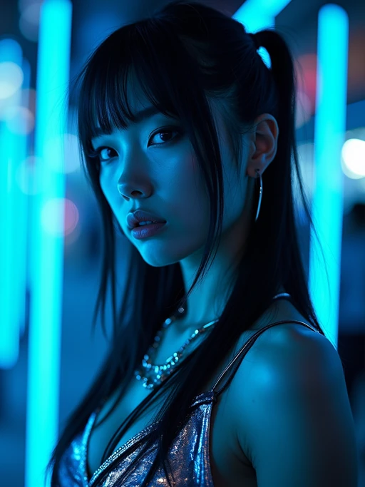 Cyberpunk Tokyo portrait. if(gender=f){Blue neon lights reflecting off metallic dress, futuristic makeup} if(gender=m){Dark hoodie, neon streaks in hair, futuristic techwear}. Blade Runner aesthetic.