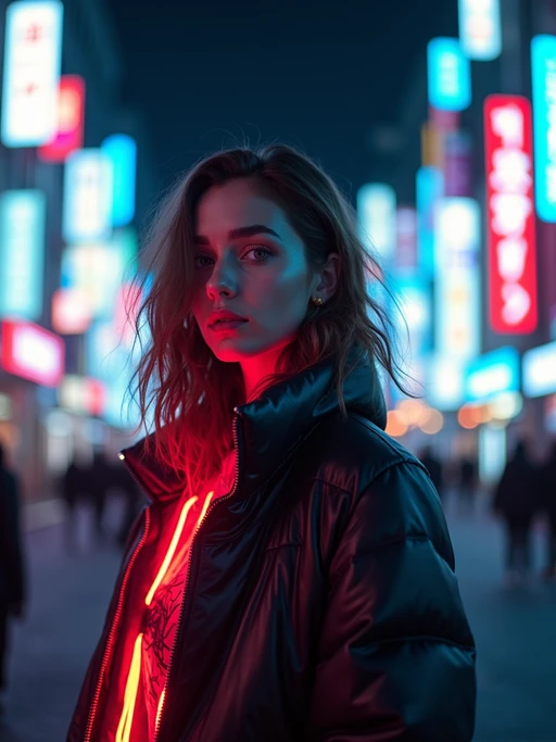 Model standing in neon-lit Tokyo at night, cyberpunk cityscape in the background. if(gender=f){Wearing a futuristic jacket, glowing neon accessories} if(gender=m){Wearing cyberpunk sunglasses, dark streetwear}. Dramatic lighting, moody reflections.
