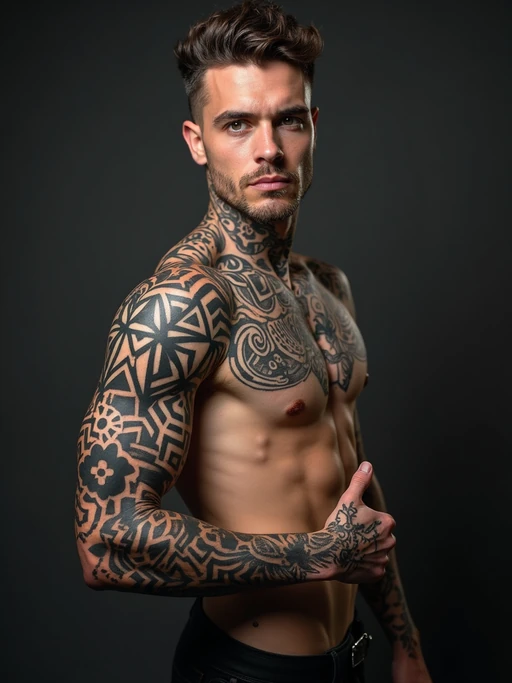 Model with blackout tattoos and bold geometric designs. if(gender=f){Sharp blacked-out sections mixed with delicate fine-line details} if(gender=m){Full geometric blackout arm piece, modern body art}. Extreme tattoo style.