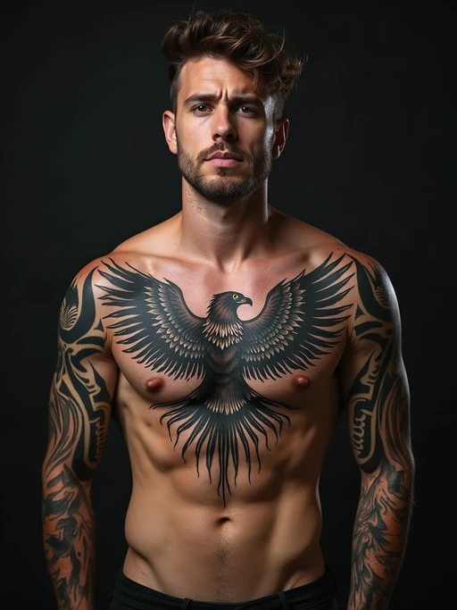 Model with a chest tattoo showcase. if(gender=f){Mandala-style chest tattoo, elegant symmetry} if(gender=m){Large eagle chest tattoo, bold tribal ink}. Deep shadows, powerful look.