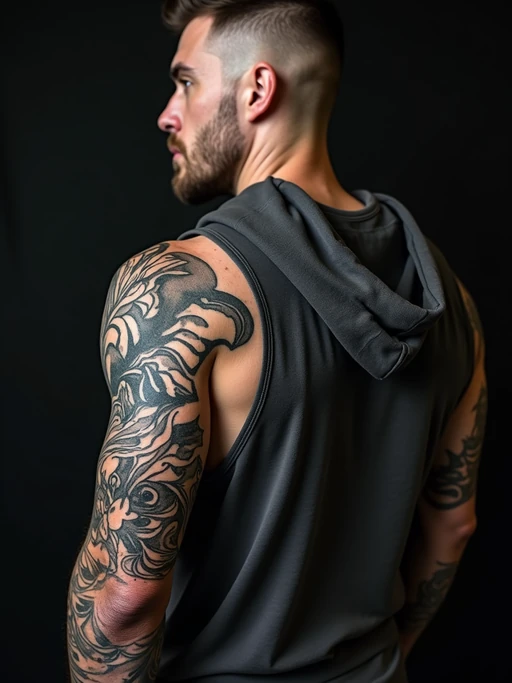 Model with a full sleeve tattoo, intricate tattoo. if(gender=f){Wearing a cropped top, showing off arm tattoos} if(gender=m){Wearing a sleeveless hoodie, tattoos visible}. Detailed tattoo art, high contrast photography.