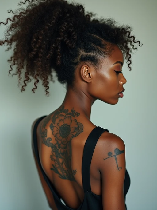 Model with a surrealist tattoo aesthetic. if(gender=f){Dreamy cloud-like tattoos on the back, floating imagery} if(gender=m){Escher-inspired 3D impossible geometry tattoo on forearm}. Mind-bending design.