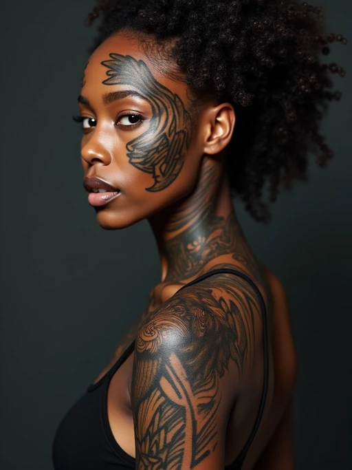 Model with blackout tattoos and bold geometric designs. if(gender=f){Sharp blacked-out sections mixed with delicate fine-line details} if(gender=m){Full geometric blackout arm piece, modern body art}. Extreme tattoo style.
