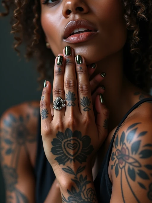 Model with tattooed hands, detailed close-up. if(gender=f){Delicate finger tattoos, jewelry accents} if(gender=m){Masculine hand tattoos, sharp detailing}. High-quality tattoo reference.
