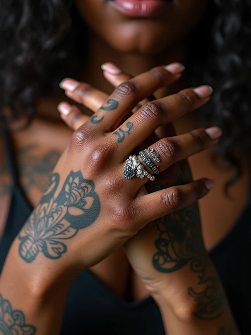 Model with tattooed hands, detailed close-up. if(gender=f){Delicate finger tattoos, jewelry accents} if(gender=m){Masculine hand tattoos, sharp detailing}. High-quality tattoo reference.
