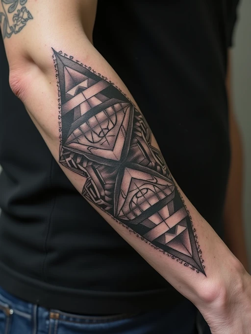 Model with a surrealist tattoo aesthetic. if(gender=f){Dreamy cloud-like tattoos on the back, floating imagery} if(gender=m){Escher-inspired 3D impossible geometry tattoo on forearm}. Mind-bending design.