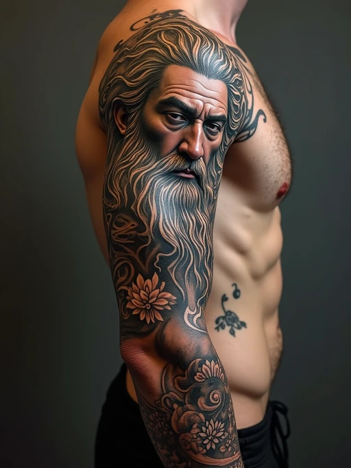 Model with a mythological tattoo inspiration. if(gender=f){Greek goddess Athena tattooed on the forearm, finely detailed} if(gender=m){Odin or Zeus tattoo sleeve, highly detailed}. Renaissance art inspiration.