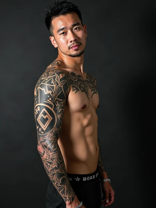 Model with blackout tattoos and bold geometric designs. if(gender=f){Sharp blacked-out sections mixed with delicate fine-line details} if(gender=m){Full geometric blackout arm piece, modern body art}. Extreme tattoo style.