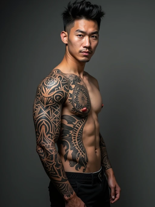 Model with blackout tattoos and bold geometric designs. if(gender=f){Sharp blacked-out sections mixed with delicate fine-line details} if(gender=m){Full geometric blackout arm piece, modern body art}. Extreme tattoo style.