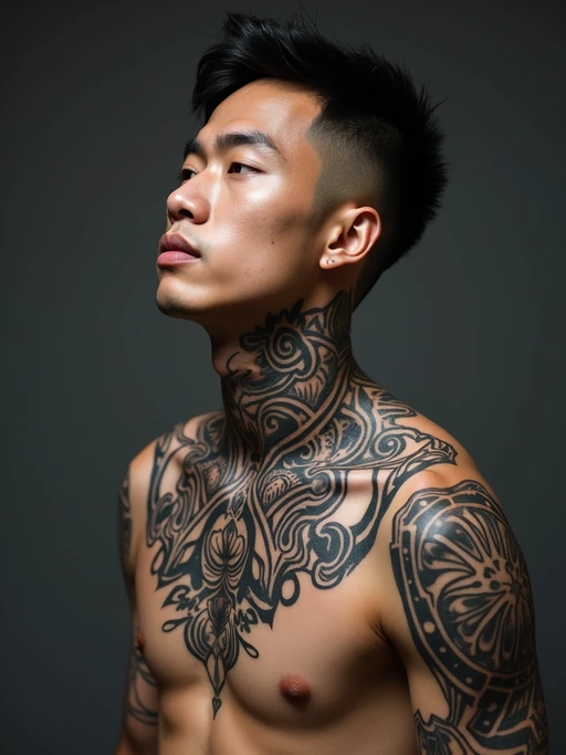 Model with a neck tattoo focus, bold statement ink. if(gender=f){Elegant script or rose tattoo on the side of the neck} if(gender=m){Intense geometric tattoo spanning the throat and shoulders}. Strong, confident expression.