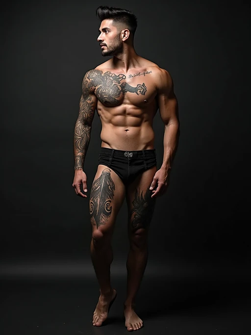 Model with tattooed legs and thighs, bold designs. if(gender=f){Snake wrapping around the thigh, elegant and powerful} if(gender=m){Dark tribal design covering the shin, aggressive aesthetics}. Artistic photography.