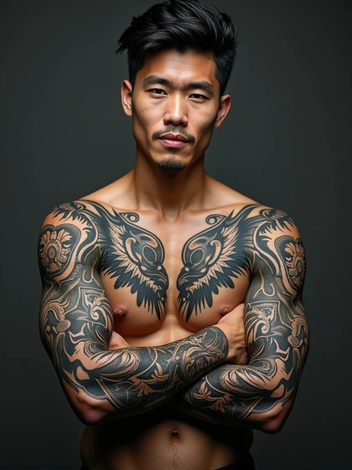 Model with a tattoo sleeve concept. if(gender=f){Blackwork sleeve with floral and ornamental details} if(gender=m){Full-arm biomechanical sleeve, metallic ink effect}. Highly detailed.