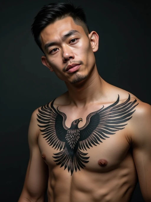 Model with a chest tattoo showcase. if(gender=f){Mandala-style chest tattoo, elegant symmetry} if(gender=m){Large eagle chest tattoo, bold tribal ink}. Deep shadows, powerful look.
