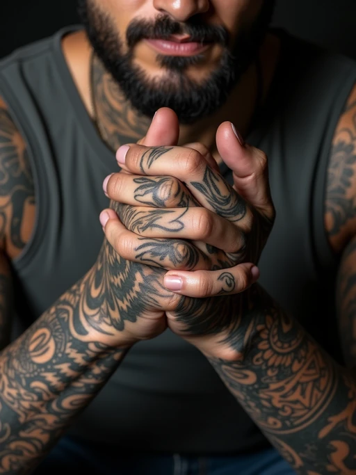 Model with tattooed hands, detailed close-up. if(gender=f){Delicate finger tattoos, jewelry accents} if(gender=m){Masculine hand tattoos, sharp detailing}. High-quality tattoo reference.