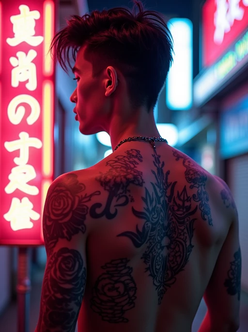 Model with a cyberpunk tattoo designs glowing under neon lights. if(gender=f){Futuristic circuit-style tattoo} if(gender=m){Bold symmetrical cyberpunk tattoo}. Tokyo night aesthetic.