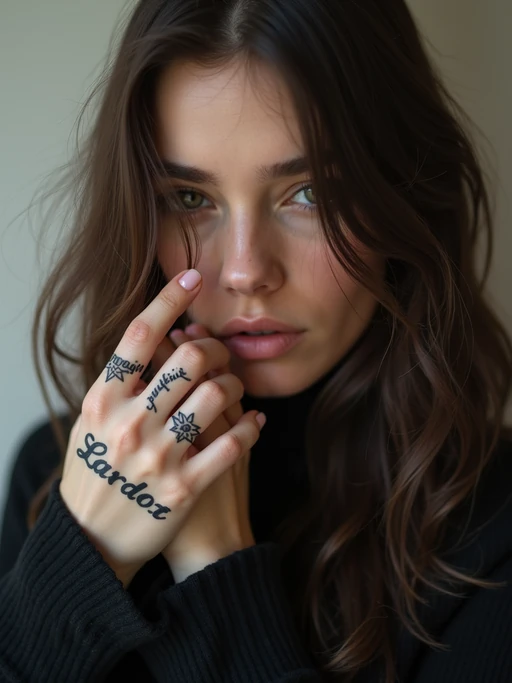 Model with tattooed knuckles and fingers, statement ink. if(gender=f){Small delicate script tattoos across fingers} if(gender=m){Bold single-letter knuckle tattoos, impactful look}. Street-style photography.