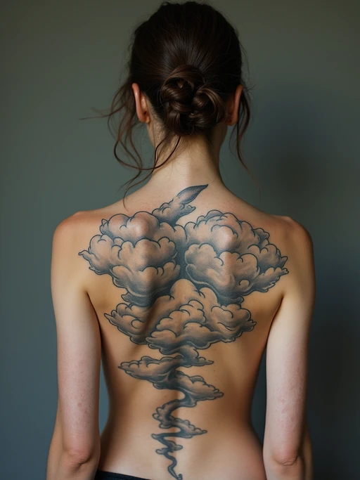 Model with a surrealist tattoo aesthetic. if(gender=f){Dreamy cloud-like tattoos on the back, floating imagery} if(gender=m){Escher-inspired 3D impossible geometry tattoo on forearm}. Mind-bending design.