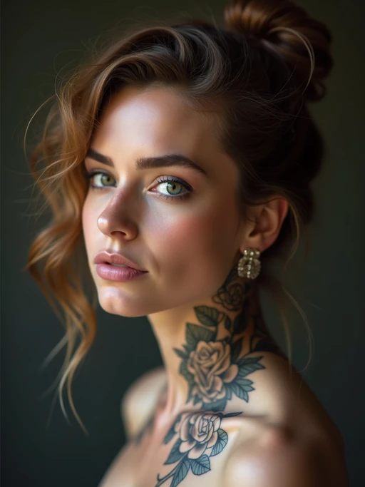 Model with a neck tattoo focus, bold statement ink. if(gender=f){Elegant script or rose tattoo on the side of the neck} if(gender=m){Intense geometric tattoo spanning the throat and shoulders}. Strong, confident expression.