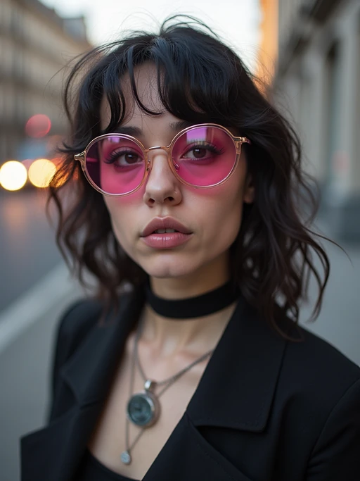 Alternative fashion, edgy attitude, street photography vibes. if(gender=f){Pink-tinted glasses, dark choker, expressive pose} if(gender=m){Cyberpunk hoodie, neon reflections, cool attitude}. TikTok and Instagram style.