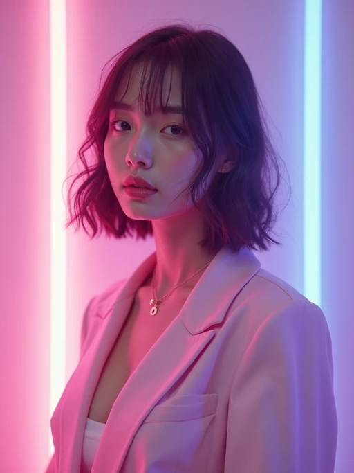 Vaporwave E-Girl aesthetic, dreamy lighting, soft neon glow. if(gender=f){Wearing a pastel aesthetic outfit, subtle anime influence} if(gender=m){Dark techwear, silver chains, urban cyberpunk style}. Soft dreamy effect.