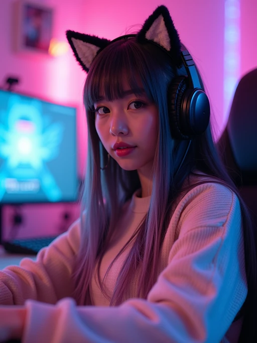 Gaming E-Girl photoshoot. if(gender=f){Cat ear headphones, neon-lit gaming room, pastel sweater} if(gender=m){Cyberpunk gaming setup, RGB lighting, streetwear style}. Streaming setup aesthetic.