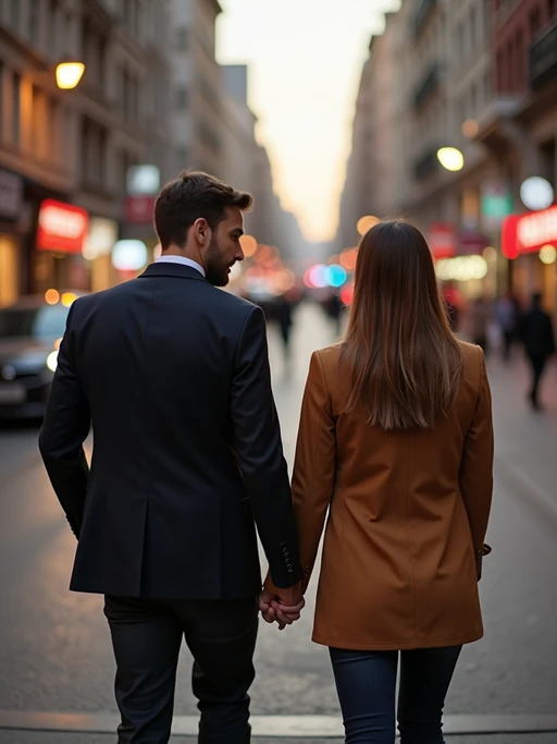 Engagement photoshoot in the middle of a lively city street. if(gender=f){Wearing a trendy urban outfit, stylish sunglasses} if(gender=m){Wearing a casual but polished blazer and jeans} if(gender=couple){Bride-to-be in a fashionable jumpsuit, groom-to-be in a modern streetwear-inspired suit}. Cinematic street photography, blurred city lights.