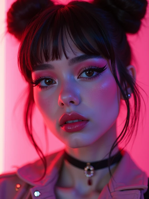 Close-up E-Girl portrait with soft goth makeup. if(gender=f){Blush-heavy cheeks, glossy lips, dramatic eyeliner, space buns hairstyle} if(gender=m){Dark tousled hair, sharp jawline, cyberpunk accessories}. Neon cyberpunk background.