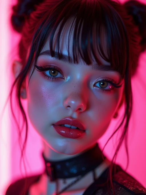 Close-up E-Girl portrait with soft goth makeup. if(gender=f){Blush-heavy cheeks, glossy lips, dramatic eyeliner, space buns hairstyle} if(gender=m){Dark tousled hair, sharp jawline, cyberpunk accessories}. Neon cyberpunk background.