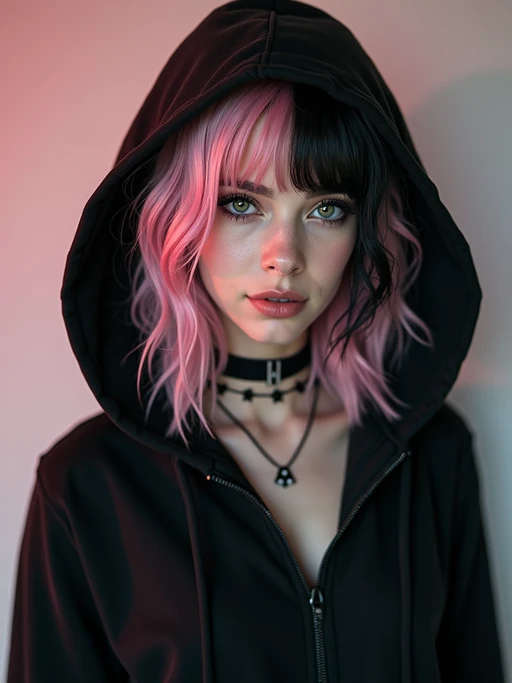 Model as an E-Girl. if(gender=f){Wearing a black oversized hoodie, choker necklace, heavy winged eyeliner, split-dyed pastel pink and black hair} if(gender=m){Wearing a dark hoodie, messy layered hair, silver rings}. Edgy alternative fashion, TikTok aesthetic.