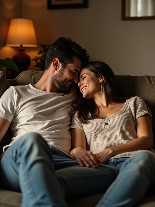 Cozy and intimate engagement photoshoot at home. if(gender=f){Wearing a comfortable oversized sweater} if(gender=m){Wearing a relaxed casual outfit} if(gender=couple){Bride-to-be in a soft knitted sweater, groom-to-be in a casual but stylish button-up}. Cuddling on the couch, warm and intimate lighting.