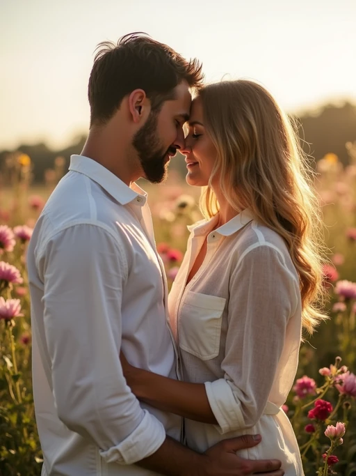 Whimsical engagement shoot in a field of flowers. if(gender=f){Wearing a delicate pastel dress} if(gender=m){Wearing a relaxed button-up shirt} if(gender=couple){Bride-to-be in a floral maxi dress, groom-to-be in a soft-toned suit}. Romantic and dreamy setting.