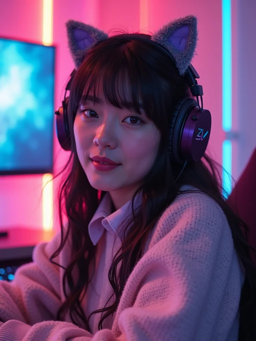 Gaming E-Girl photoshoot. if(gender=f){Cat ear headphones, neon-lit gaming room, pastel sweater} if(gender=m){Cyberpunk gaming setup, RGB lighting, streetwear style}. Streaming setup aesthetic.