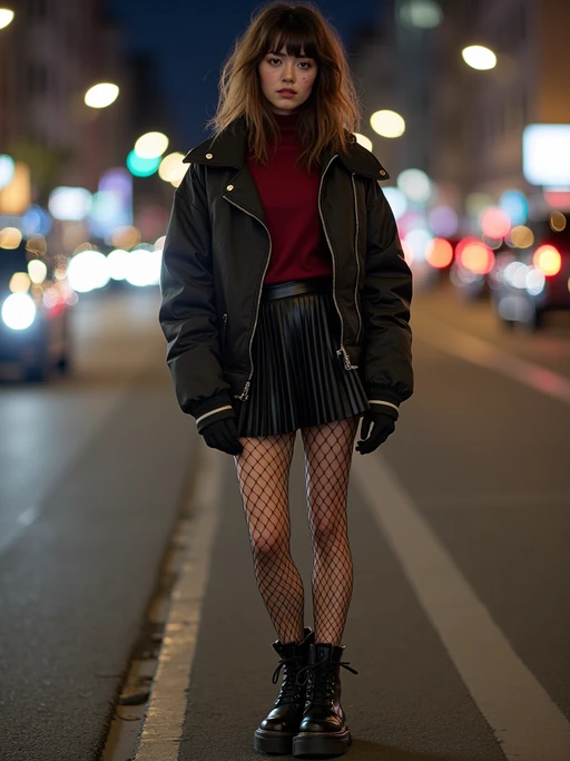 E-Girl streetwear fashion shoot. if(gender=f){Fishnet stockings, pleated skirt, chunky boots} if(gender=m){Black ripped jeans, oversized hoodie, street-style sneakers}. Urban background, city lights.