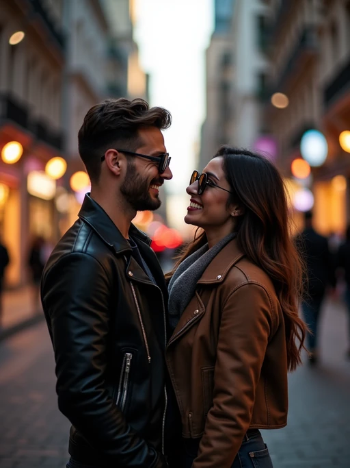 Engagement photoshoot in the middle of a lively city street. if(gender=f){Wearing a trendy urban outfit, stylish sunglasses} if(gender=m){Wearing a casual but polished blazer and jeans} if(gender=couple){Bride-to-be in a fashionable jumpsuit, groom-to-be in a modern streetwear-inspired suit}. Cinematic street photography, blurred city lights.