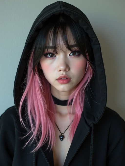 Model as an E-Girl. if(gender=f){Wearing a black oversized hoodie, choker necklace, heavy winged eyeliner, split-dyed pastel pink and black hair} if(gender=m){Wearing a dark hoodie, messy layered hair, silver rings}. Edgy alternative fashion, TikTok aesthetic.