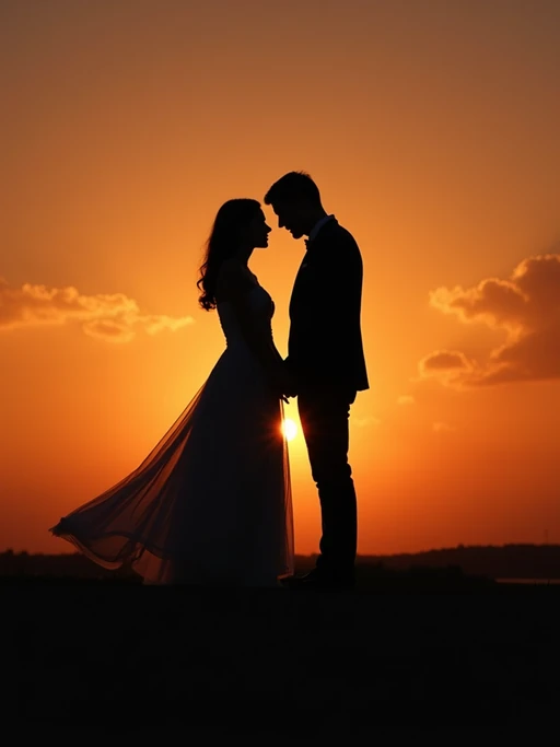 Artistic silhouette engagement portrait. if(gender=f){Wearing a stylish long dress} if(gender=m){Wearing a structured suit} if(gender=couple){Bride-to-be in an elegant gown, groom-to-be in a modern tailored suit}. Dark silhouettes against a stunning sunset background.