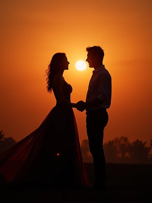 Artistic silhouette engagement portrait. if(gender=f){Wearing a stylish long dress} if(gender=m){Wearing a structured suit} if(gender=couple){Bride-to-be in an elegant gown, groom-to-be in a modern tailored suit}. Dark silhouettes against a stunning sunset background.